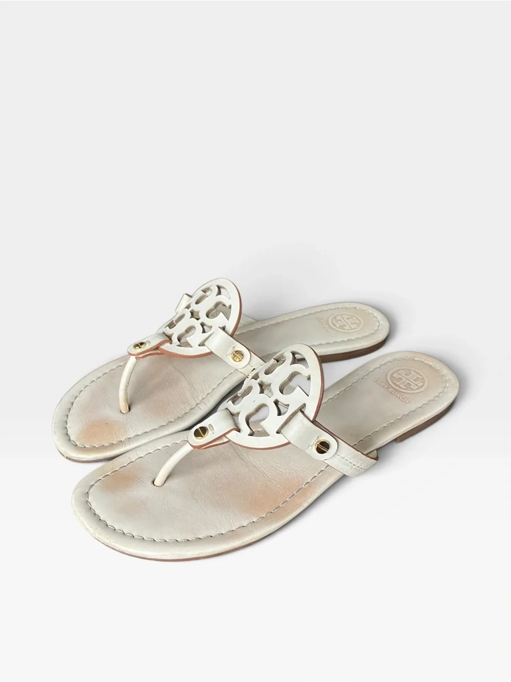 Tory Burch Miller Logo Thong Slip On Sandals Cream/Ivory Flats Size 8
